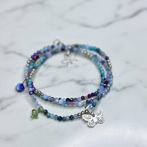 Dainty Colourful Triple Wire Wrap Bracelet w/Gold Filled Beads, Quartz, Agate